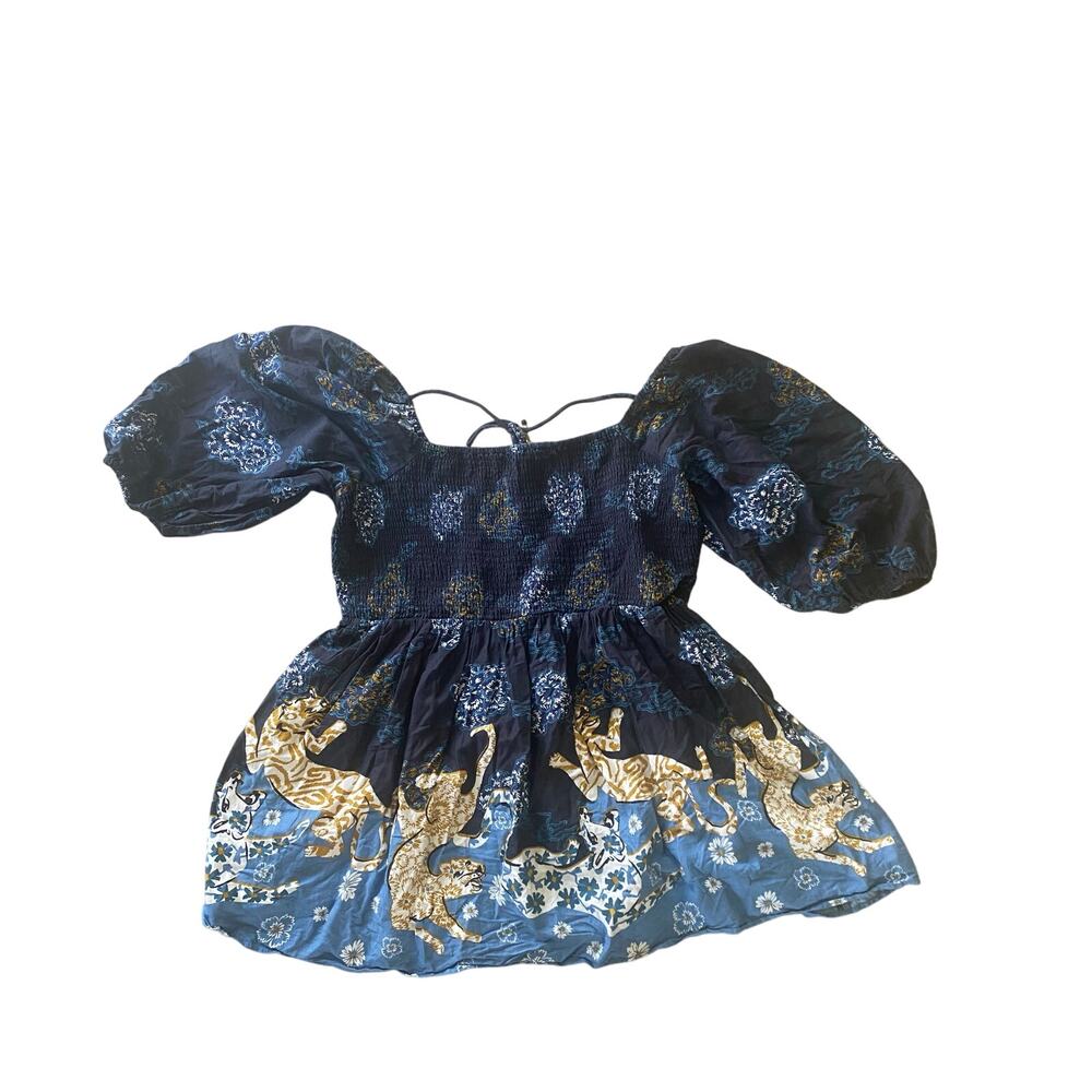 Anthropologie Puff Sleeve Smocked Mini Dress With Tiger Graphics Square Neck 2XL